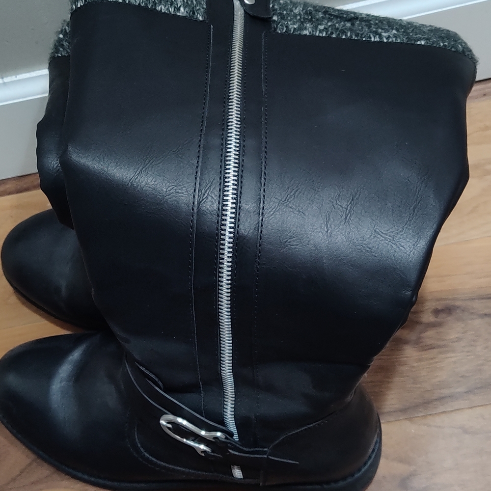 Black faux leather sweater trimmed knee-high boot